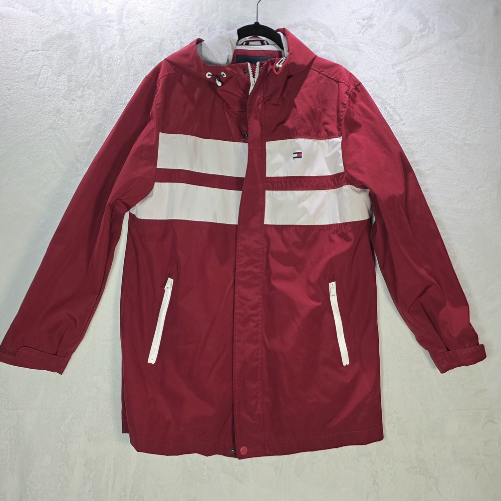 Mens Tommy Hilfiger Red and White Hooded Windbreaker Jacket Size Medium